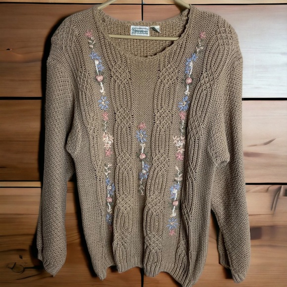 Shenanigans vintage sweater Large Appliquéd Flowers Beige Taupe Pink Blue Green - Picture 10 of 10